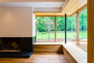 Living room - mid-sized contemporary formal medium tone wood floor living room idea in Nashville with white walls, a standard fireplace and a stone fireplace