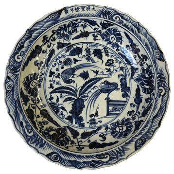 Chinese Blue & White Porcelain Birds Flowers Display Charger Plate Hws3091