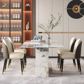 78.7" Modern Stone Top Dining Set of 7 with 6 Upholstered Chairs