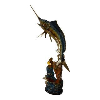 Marlin Fish and Turtle Swimming in the Ocean Bronze Statue Size 20