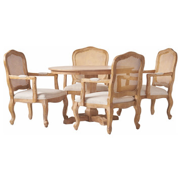 Absaroka French Country Fabric Wood and Cane 5-Piece Dining Set, Natural/Beige