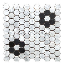 MH-PATTERN36- HEXAGON PATTERN BIANCO CARRARA WITH BLACK DOTS 1 IN. - Mosaic Tile