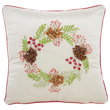 Nourison Mina Victory Ribbon Embroidered Pinecones Beige Christmas Throw Pillow