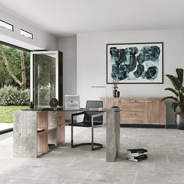 Modrest Boston Modern Tempered Glass & Faux Concrete Writing Desk in Clear/Gray