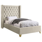 Meridian Furniture - Barolo Velvet Upholstered Bed, Cream, Twin - Elegant and eye-catching, the stunning Barolo Bed from Meridian Furniture is the perfect addition to any bedroom. Rich velvet covers the deep tufted design. A beautiful wing bed design is complimented by hand applied gold nail head details. Strength and beauty is guaranteed with a solid wood frame and stainless steel legs.