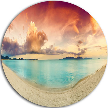 Tropical Colorful Sunset With Pond, Landscape Disc Metal Wall Art, 23"