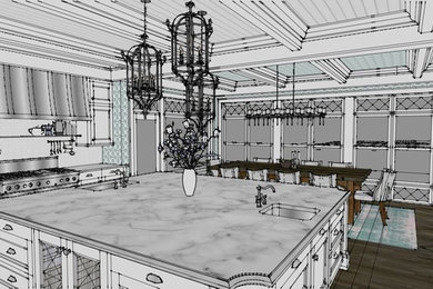Example of a mid-sized classic u-shaped medium tone wood floor eat-in kitchen design in Other with a farmhouse sink, shaker cabinets, white cabinets, marble countertops, white backsplash, subway tile backsplash, stainless steel appliances and two islands
