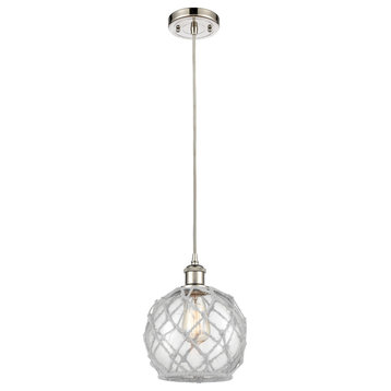 Farmhouse 1-Light Mini Pendant, Polished Nickel, Clear Glass With White Rope