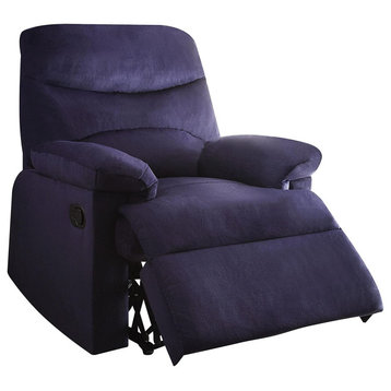 Contemporary Recliner, Padded Seat With Pillowed Arms & Knock Down Back, Blue