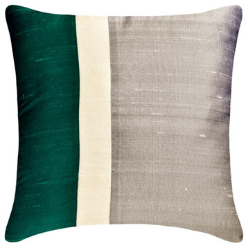 Green & Grey Silk Color Block Patchwork 22"x22" Pillow Cover - Splendour Green