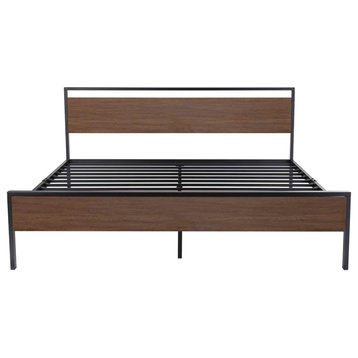 14 Inch King Size Metal Platform Bed Frame with Wooden Headboard and Footboard