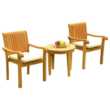 3-Piece Outdoor Patio Teak Dining Set, 23.5" Round Table, 2 Nain Stacking Chairs