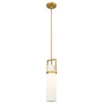 Innovations Lighting - Utopia 1 Light 15" Stem Hung Pendant, Brushed Brass, Matte White Glass - Modern and geometric design elements give the Utopia Collection a striking presence. This gorgeous fixture features a sharply squared off frame, softened by a round glass holder that secures a cylindrical glass shade.