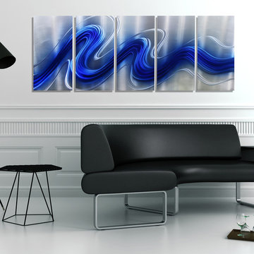 Electric Blue - Jewel-Tone Blue and Silver Hand-Painted Abstract Metal Wall Art