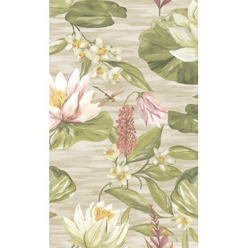 Painted Waterlily Floral Wallpaper , Beige, Double Roll
