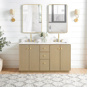 Oza Bath Vanity, Stone Top, Aged Natural Oak, 60", Double Vanity, With Mirror