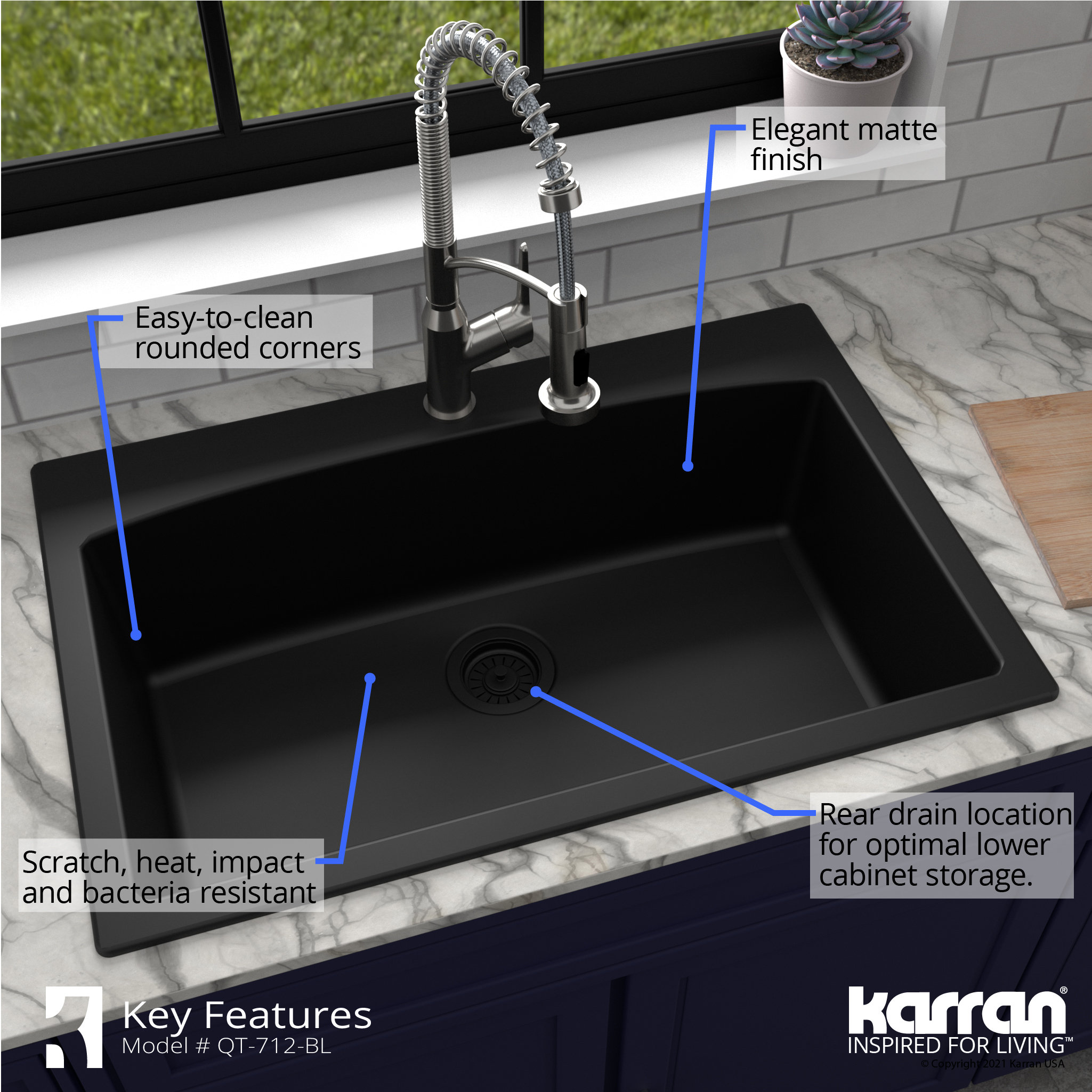 Karran Drop-In Quartz Composite 33" 1-Hole Single Bowl Kitchen Sink Kit, Black
