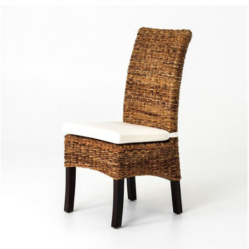 Banana Leaf Woven Dining Side Chair With Cushion, Set of 2