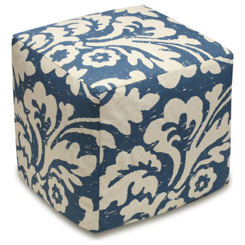 Jacobean Floral Linen Upholstered Ottoman, Navy Blue