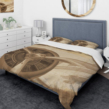 Retro Airplanes Sepia Traditional Duvet Cover Set, Twin