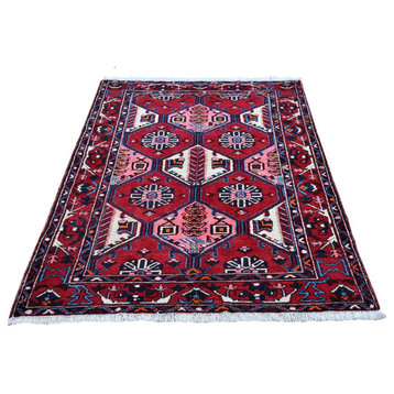 Red New Persian Hamadan Natural Wool Ethnic Design Hand Knotted Rug, 4'4"x6'8"