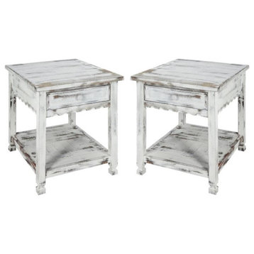 Home Square End Table in Rustic White Antique Finish - Set of 2