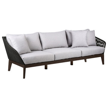 Athos Outdoor 3 Seater Sofa With Latte Rope and Gray Cushions, Dark Eucalyptus