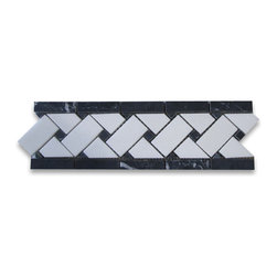 Thassos White 4x12 Basketweave Mosaic Border w/ Black Dots Honed - Tile