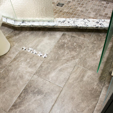 Small Masterbath with Green Cabinetry, Custom Tiled Shower and Storage