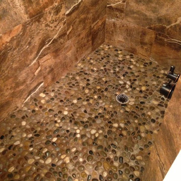 Espresso Cabinets and River Rock Master Bathroom