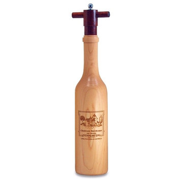 Engraved Wine Bottle Shaped Pepper Grinder, Maple Wood, Chateau Bordeaux