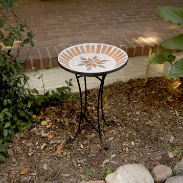 25"H Outdoor Decorative Mosaic Birdbath with Metal Stand, Tan/Beige