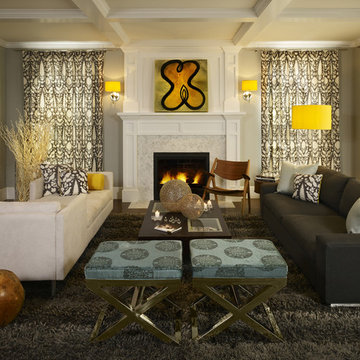 Greys with Splashes of Lemon Yellow make this family room comfy and warm