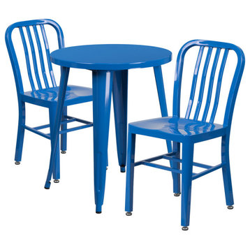 Flash Commercial Grade 24" Round Blue Metal Table Set, 2 Vertical Slat Chairs