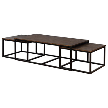 3 Pieces Coffee Table Set, Nesting Design With Metal Frame and Acacia Top, Mocha