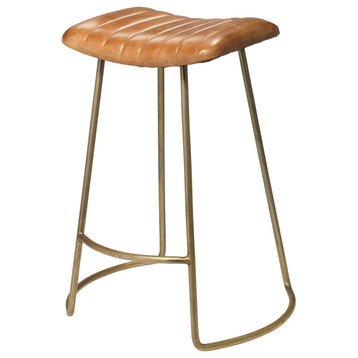 Vintage Style Curved Leather Seat Counter Stool Buff Brown Retro Ribbed