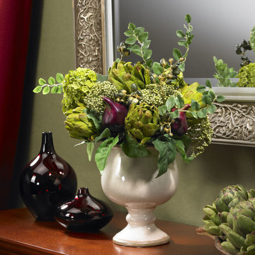 Artichoke and Hydrangea Silk Centerpiece Arrangement, Fireplace Mantel