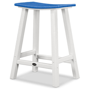Polywood Contempo 24" Saddle Counter Stool, White/Pacific Blue