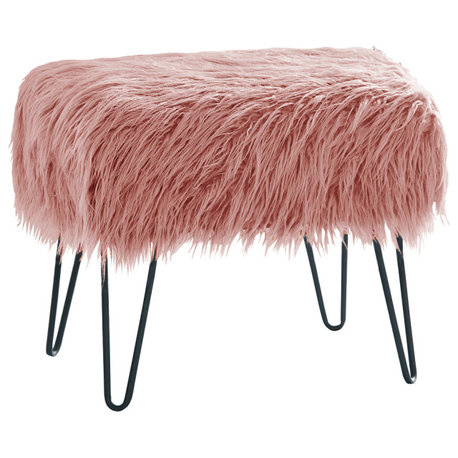 Mongolian Fur Ottoman, Coral Pink, 19''x13''x17''