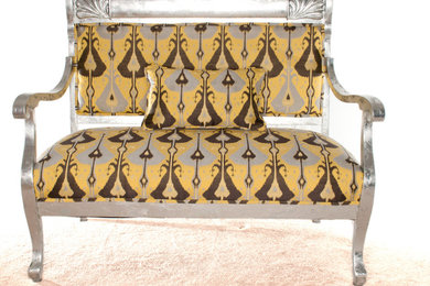 Ikat Settee in Silver-leaf, gray, black, and gold