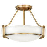 Hinkley - Hinkley 3220HB Medium Semi-Flush Mount, Light Brass - Hathaways striking design features a bold shade held in place by three intersecting, floating arms with unique forged uprights and ring detail for a modern style. Available in Heritage Brass with etched glass, Olde Bronze with etched glass, Olde Bronze with etched amber glass and Antique Nickel with etched glass.