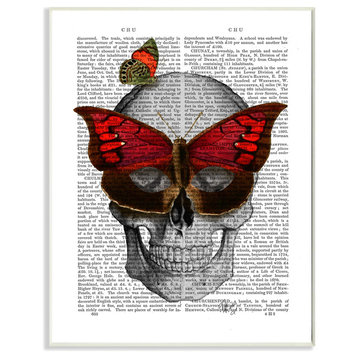 "Newspaper Print Skull With Butterflies" Wall Plaque Art