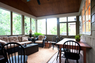 Large arts and crafts back porch photo in Birmingham with decking and a roof extension
