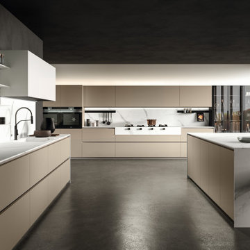 A Modern White and Natural Kitchen and Built-in No Handles Cabinetry
