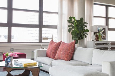 Mid-sized trendy open concept dark wood floor living room photo in Los Angeles with white walls