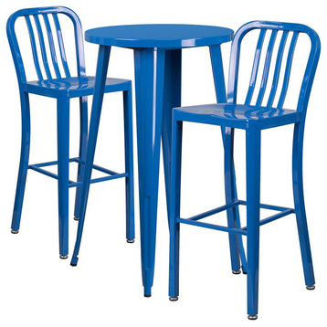 3 Piece Patio Bistro Set, Round Table and Bar Stools With Slatted Backrest, Blue