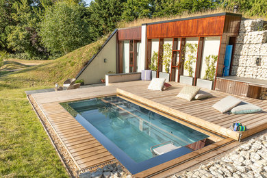 Ejemplo de piscina alargada minimalista grande rectangular en patio trasero con paisajismo de piscina y entablado