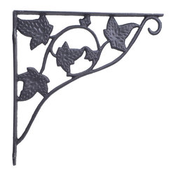 Import Wholesales - Wall Shelf Bracket With Hook, Leaf Vine Pattern, Cast Iron, 11.75" - Brackets