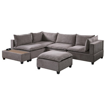 Madison Down Feather Sectional Sofa With Ottoman, Light Gray