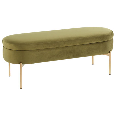 Chloe Contemporary/Glam Storage Bench, Gold Metal/Green Velvet